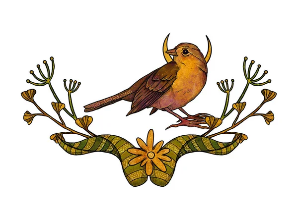 Boho Kuşları Çizimi Yapımı Serçe Renkli Çiçek Kompozisyonu Vintage Elementi — Stok fotoğraf