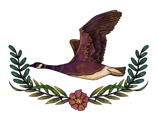 Boho Aves Ilustração Ganso Desenhado Mão Colorido Composição Floral Elemento — Fotografia de Stock