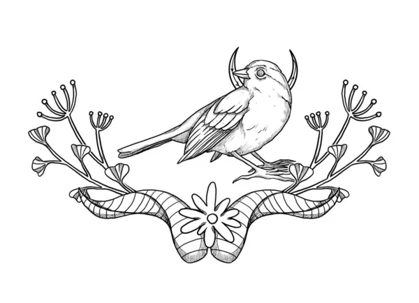 Boho Birds Illustration Hand Drawn Sparrow Line Art Floral Composition — Stock Photo, Image