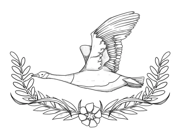 Boho Birds Illustration Hand Drawn Goose Line Art Floral Composition — Stock Photo, Image