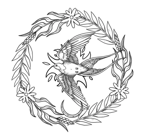 Ilustracja Ptaków Boho Ręcznie Narysowany Połyk Sztuka Liniowa Kompozycja Kwiatowa — Zdjęcie stockowe
