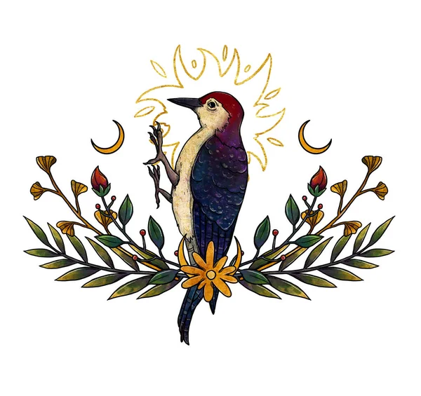 Ilustración Aves Boho Pájaro Carpintero Dibujado Mano Color Composición Floral — Foto de Stock