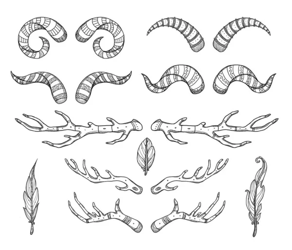 Set Decorative Horns Feathers Illustrations Boho Vintage Collection Hand Drawn — Stock Photo, Image