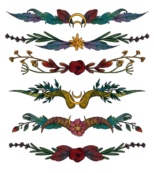 Ramy Kwiatów Ręcznie Rysowane Kompozycje Botaniczne Kolorowe Element Vintage Wikańska — Zdjęcie stockowe