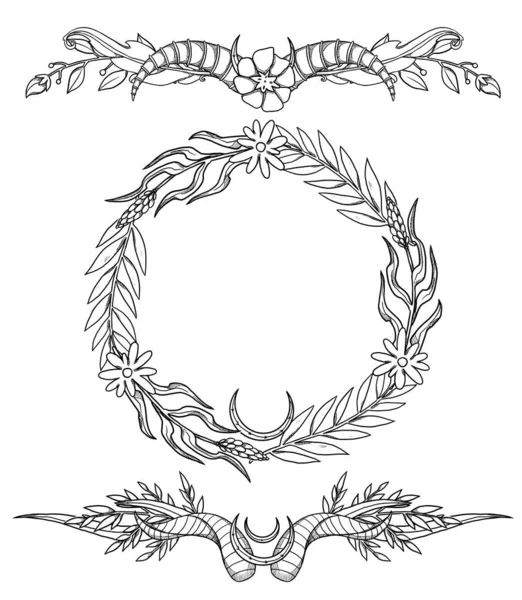Flowers frames. Hand-drawn botanical set. Line-art. Floral composition. Vintage element. Wiccan and pagan art. Decorative nature. Isolated on white