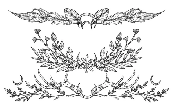 フラワーフレーム 手描きの植物セット ラインアート フローラルコンポジション ヴィンテージ要素 ウィッカンと異教の芸術 装飾的な性質 白に隔離される — ストック写真
