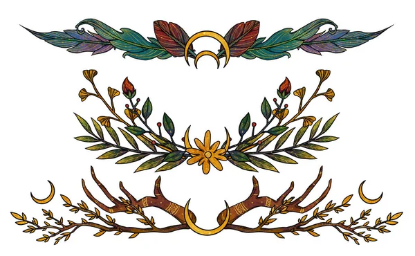 Cornici Fiori Composizioni Botaniche Disegnate Mano Colore Oro Elemento Vintage — Foto Stock