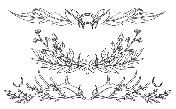 Flowers frames. Hand-drawn botanical set. Line-art. Floral composition. Vintage element. Wiccan and pagan art. Decorative nature. Isolated on white