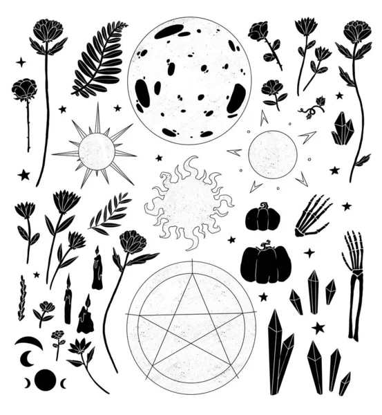 Dekoratif sihirli elementler seti. Boho ve vintage koleksiyonu. Dekoratif siluet. Gökyüzü seti. Wiccan ve pagan sanatı. Dekoratif bir doğa. Beyazda izole edilmiş