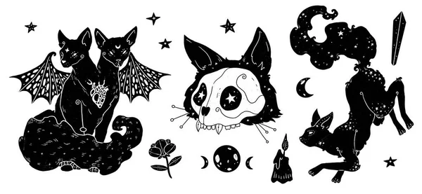 Boszorkányok Illusztrációkat Készítenek Macska Beállítva Boho Vintage Kollekció Dekoratív Állatok — Stock Fotó