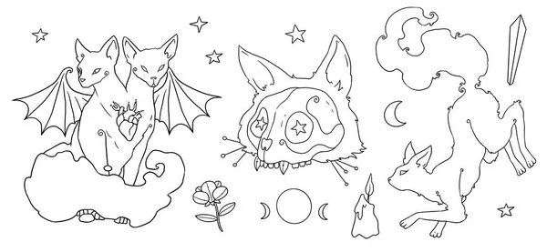Set of witches familiars illustrations. Cat set. Boho and vintage. Line-art animals collection. Wiccan and pagan art. Decorative nature. Isolated on white