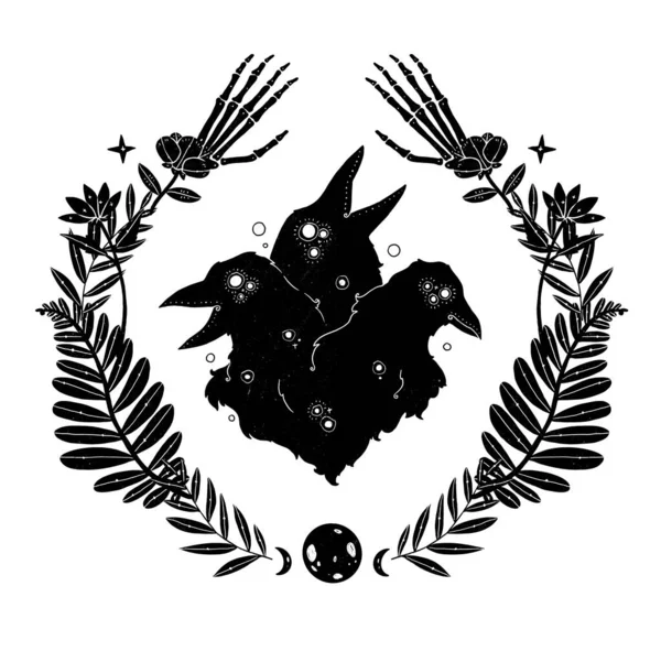 Cadıların Tanıdık Kompozisyonu. Gizemli kuzgun. Dekoratif siluet. Boho ve vintage koleksiyonu. Wiccan ve pagan sanatı. Dekoratif bir doğa. Beyazda izole edilmiş
