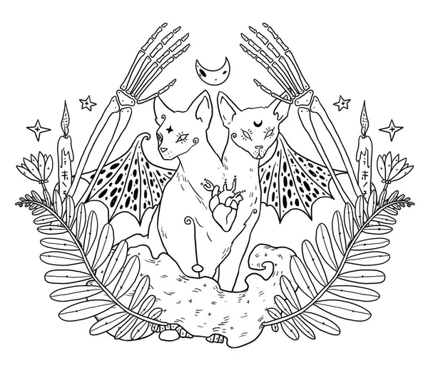 Hexen Vertraute Zusammensetzung Mysteriöse Katze Dekorative Line Art Illustrationen Boho — Stockfoto