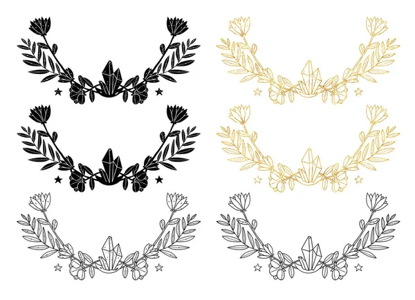 Dekoracyjne Ramki Halloweenowe Ręcznie Rysowane Kompozycje Botaniczne Złoty Czarno Biały — Zdjęcie stockowe