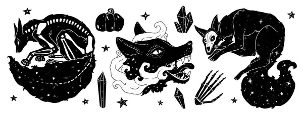 Sada Známých Čarodějek Ilustrací Fox Set Boho Kolekce Ročníků Silueta — Stock fotografie
