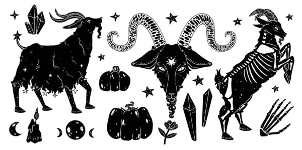 魔女の家族のイラストのセット ゴートセット Bohoとヴィンテージコレクション 装飾的な動物のシルエット ウィッカンと異教の芸術 装飾的な性質 白に隔離される — ストック写真