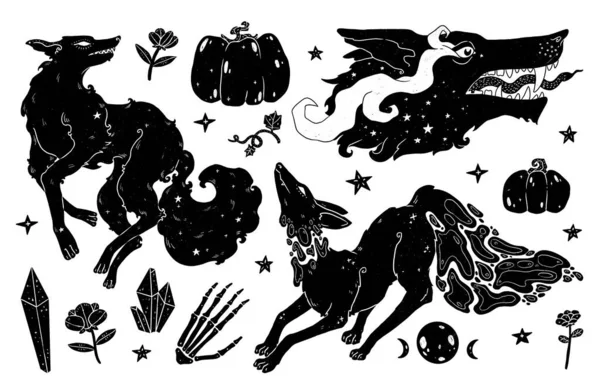 Boszorkányok Illusztrációkat Készítenek Farkasok Boho Vintage Kollekció Dekoratív Állatok Sziluett — Stock Fotó