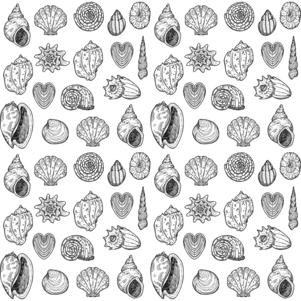 Underwater Fantasy Seamless Patterns Hand Drawn Line Art Unusual Shells — Stock Photo, Image