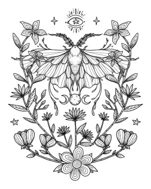 Boho güve çizimi. El yapımı sanat böceği. Çiçek kompozisyonu. Vintage elementi. Wiccan ve pagan sanatı. Dekoratif bir doğa. Beyazda izole edilmiş