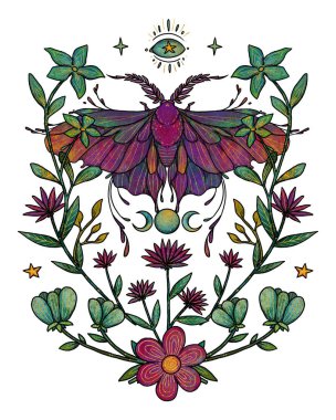 Boho güve çizimi. Elle çizilmiş bir böcek. Çiçek kompozisyonu. Vintage elementi. Wiccan ve pagan sanatı. Dekoratif bir doğa. Beyazda izole edilmiş
