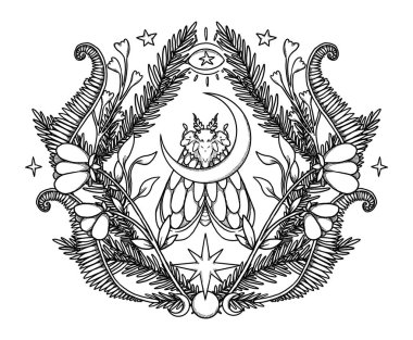 Boho güve çizimi. El yapımı sanat böceği. Çiçek kompozisyonu. Vintage elementi. Wiccan ve pagan sanatı. Dekoratif bir doğa. Beyazda izole edilmiş