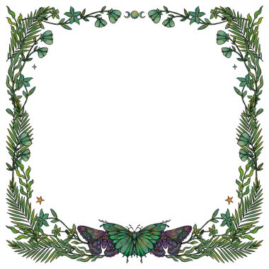 Boho çiçek çerçeveleri. Elle çizilmiş renk ve altın çizimler. Vintage elementi. Wiccan ve pagan sanatı. Dekoratif bir doğa. Beyazda izole edilmiş