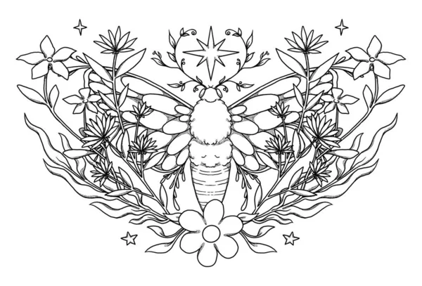 Ilustração Traça Boho Inseto Arte Linha Desenhada Mão Composição Floral — Fotografia de Stock