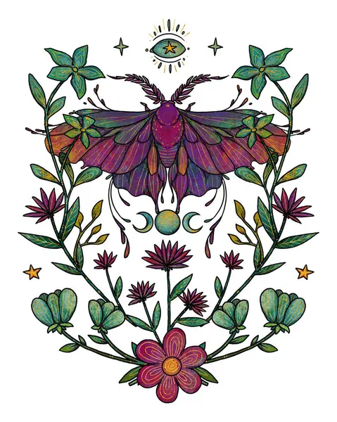 Boho güve çizimi. Elle çizilmiş bir böcek. Çiçek kompozisyonu. Vintage elementi. Wiccan ve pagan sanatı. Dekoratif bir doğa. Beyazda izole edilmiş