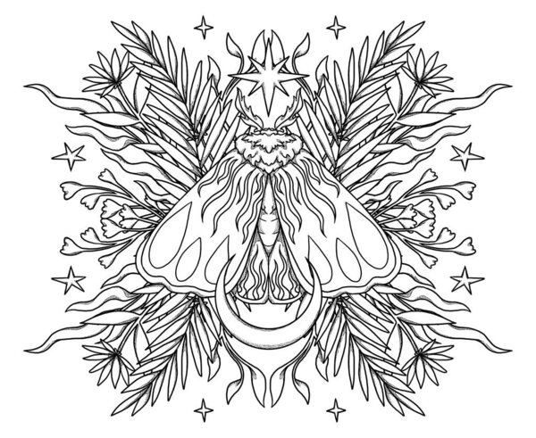 Иллюстрация. Ручное рисование насекомого. Цветочный состав. Винтажный элемент. Викканское и языческое искусство. Декоративный характер. Изолированные на белом