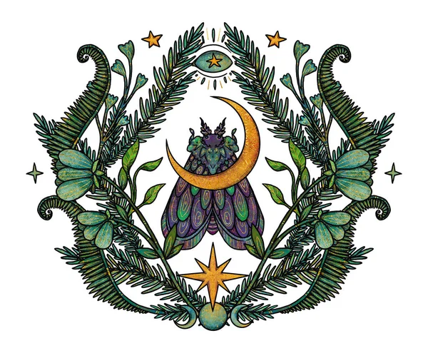 Boho güve çizimi. Elle çizilmiş bir böcek. Çiçek kompozisyonu. Vintage elementi. Wiccan ve pagan sanatı. Dekoratif bir doğa. Beyazda izole edilmiş