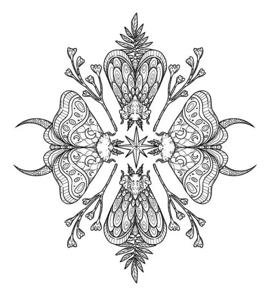 Boho モットーイラスト 手描きのラインアート昆虫 フローラルコンポジション ヴィンテージ要素 ウィッカンと異教の芸術 装飾的な性質 白に隔離される — ストック写真