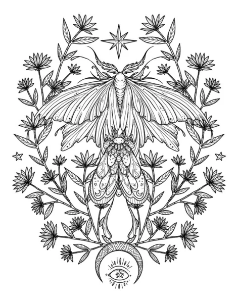 Boho güve çizimi. El yapımı sanat böceği. Çiçek kompozisyonu. Vintage elementi. Wiccan ve pagan sanatı. Dekoratif bir doğa. Beyazda izole edilmiş