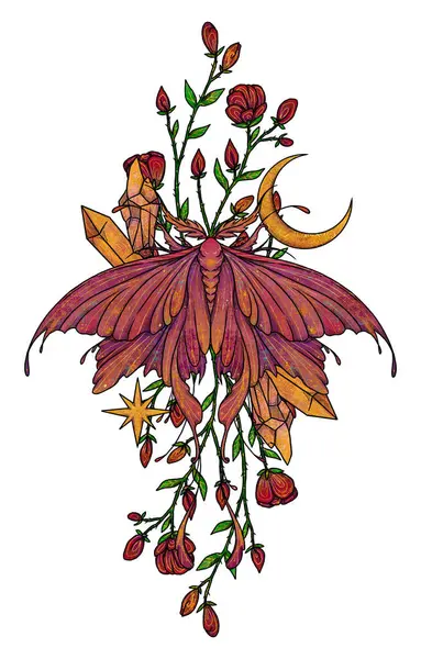 Ilustración Polilla Boho Insecto Dibujado Mano Composición Floral Elemento Vintage Imágenes de stock libres de derechos