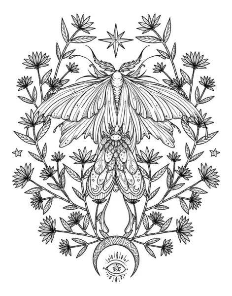 Ilustración Polilla Boho Insecto Dibujado Mano Composición Floral Elemento Vintage Fotos de stock