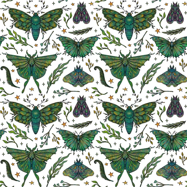 Handritat Sömlöst Mal Mönster Fjärilar Och Blommor Färgad Design Häxkonst Royaltyfria Stockbilder
