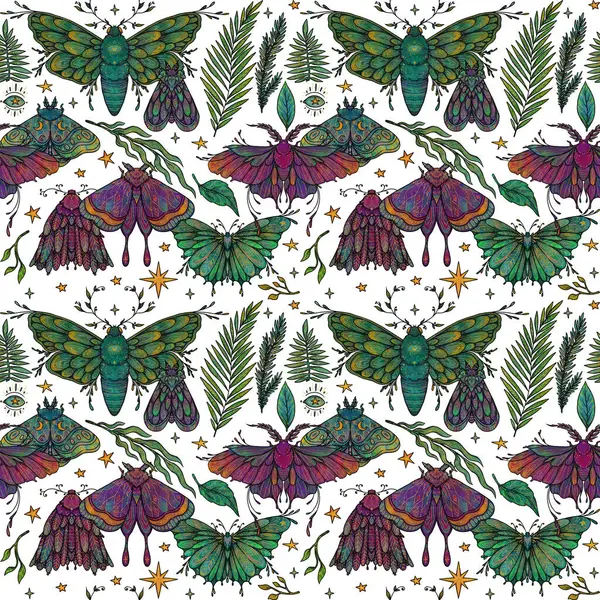 Patrón Polilla Sin Costura Dibujado Mano Mariposas Flores Diseño Color Fotos de stock libres de derechos