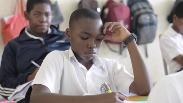 2023年8月27日 尼日利亚阿布贾 非洲裔尼日利亚学生在课堂学习 写讲稿 并在课堂上聆听 教授学生的教师 — 图库视频影像