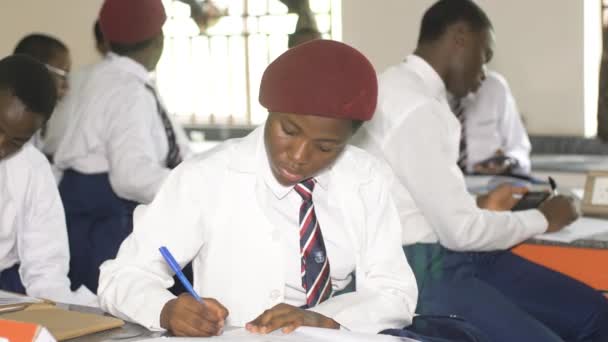 2023年8月27日 ナイジェリア アフリカのナイジェリアの学生は講義室で学び 手を挙げ 講演ノートを書き 教室で聞きます 生徒に教える教師 — ストック動画
