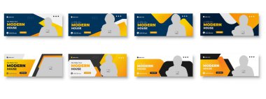 Paket Emlak Evi ve zarif modern soyut ev seti satılık emlak Facebook kapağı, afiş, pürüzsüz grafiksel arka plan rengi reklam şablonu