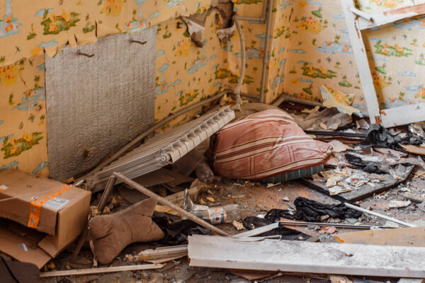 war in Ukraine, a gym in a destroyed kindergarten inside after being hit by a Russian bomb