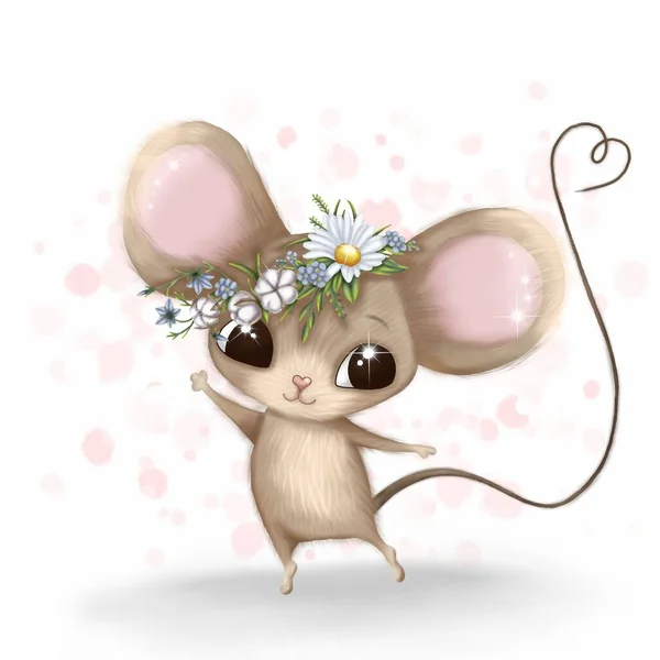 Мышь Цветами Милая Мышь Ветке Ручной Рисунок — стоковое фото