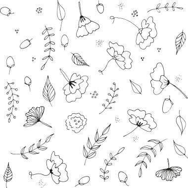 Çiçekler ve yapraklarla kusursuz bir desen. Vektör. El çizimi çiçek elementleri