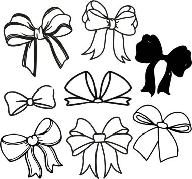 Beyaz arka planda, siyah ve beyaz fiyonklarda izole edilmiş yay, kurdele ve kurdele seti.