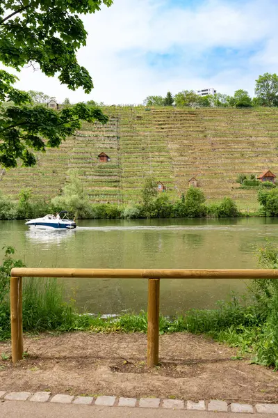 A boat with a German flag floats on the background of a beautiful slope. A boat floats on the river against the background of vineyards. Water excursions and hikes.