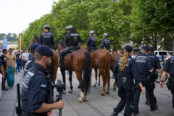 stock image Stuttgart, Germany, 5 July 2024. The Stuttgart Mounted Police in Baden-Wuertenberg. Many police officers in Germany provide security on the streets of the city.