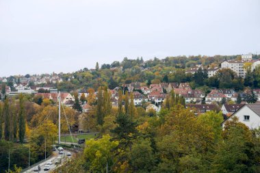 Yeşil şehrin tepeden panoramik manzarası. Doğanın ve kentsel mimarinin uyumunu yansıtan bir Alman kentsel manzarası..