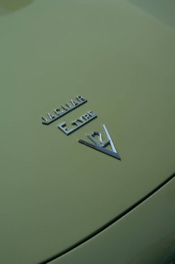 Açık yeşil klasik arabada Jaguar E-Tipi V12 krom rozet. Pürüzsüz yeşil boyalı eski bir arabanın kaputunda Jaguar E-Tipi V12 rozet..