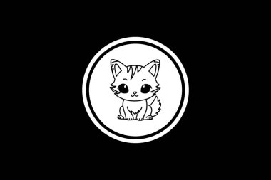Şirin Kedi Tasviri - Bilgi Özellikleri - Simgesel Beyaz Çemberli Asgari Tasarım - Siyah Arkaplan Sanatı