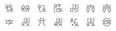 İş anlaşması simgesi ayarlandı. Finans, tokalaşma, iş ve daha fazlası gibi ikonlar içeriyor. Çizgi tarzı tasarım. Vektör grafik çizimi. Web sitesi tasarımı, uygulama, şablon, ui için uygun. Düzenlenebilir vuruş.