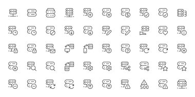 Colocation sunucusu VPN 'den CDN ve SSL' ye paylaşılan web sunucusu sunucu sunucu simgesi. Sunucu Veri Merkezi simgeleri ayarlandı. UI ve mobil uygulama, web sitesi için sunucu ve veri merkezi vektör simgelerinin ana hatları